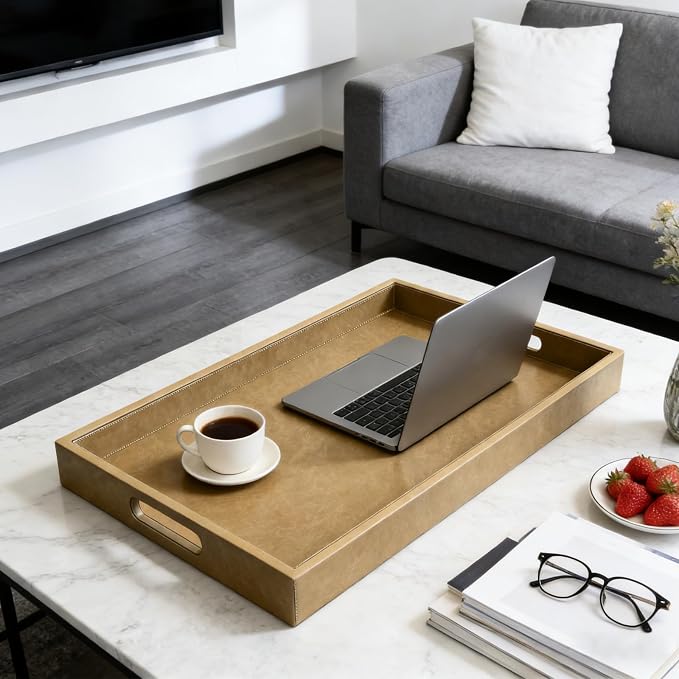 30 x 24 inches Rectangle Leather Ottoman Serving Tray - Image 2