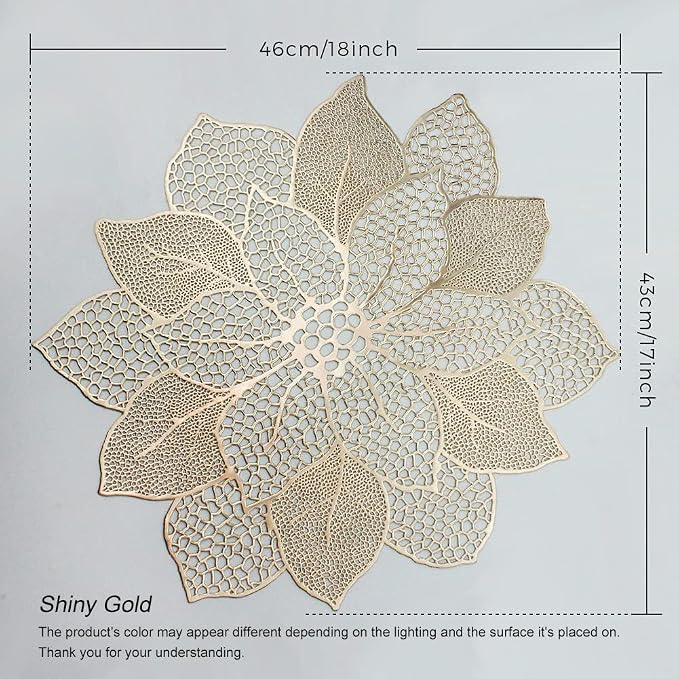 Gold Round Placemats for Dining Table Set of 6 Pressed Vinyl Metallic | 18in - Image 4