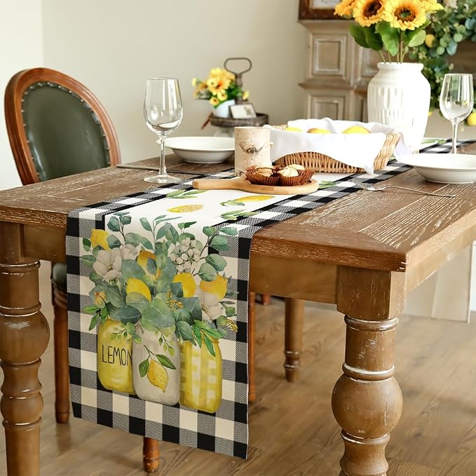 Black Buffalo Check Summer Table Runner 13 x 108 Inch, Lemon Vase Spring - Image 3