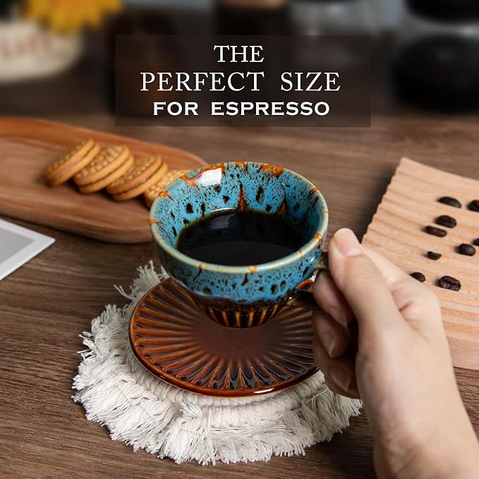 4 oz Espresso Cups and Saucers Set of 2, Ceramic Tea Cup - Image 4