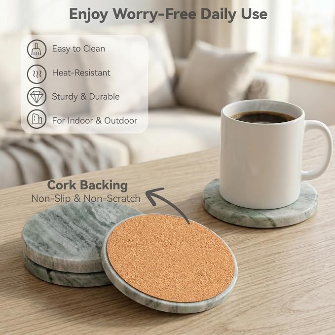 Sage Green Marble Coasters Set of 4, Elegant Green & White Coasters - Image 5
