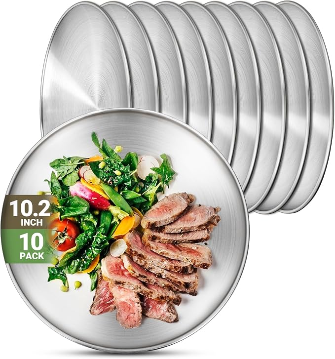 Metal Dinner Plate, 10 Pack 10.2 inch 304 Stainless Steel Plates, Reusable by Offiper