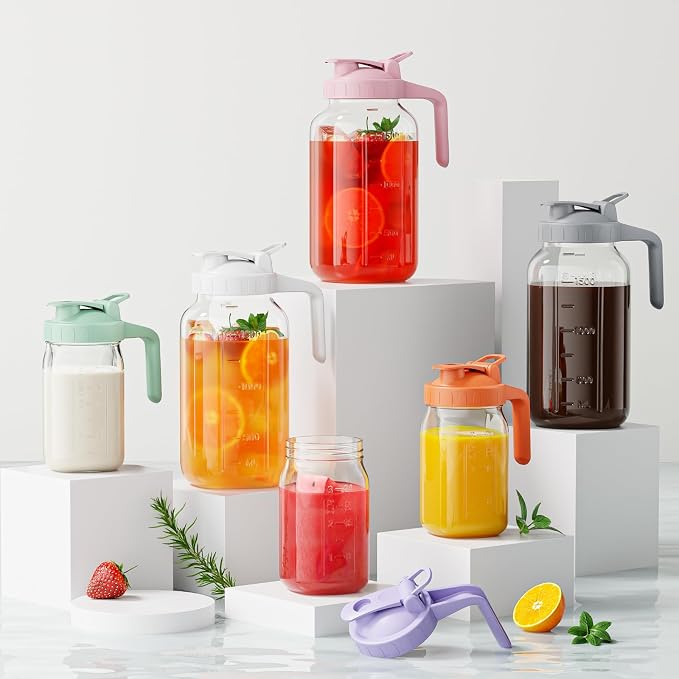 Glass Pitcher with lid, 64 oz Wide Mouth Mason Jar | Dual leak-proof lid - Image 5