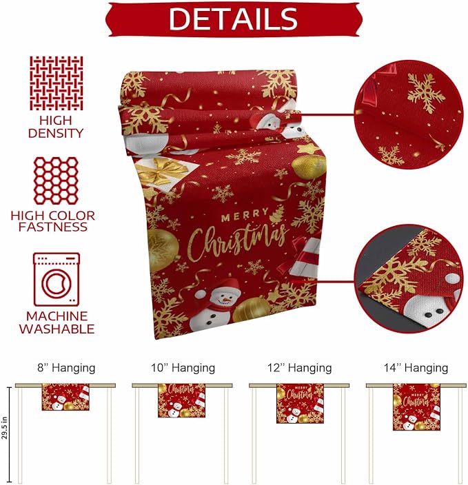 Merry Christmas Table Runner 70 Inches Long, Xmas Balls Snowman Snowflake Table - Image 7