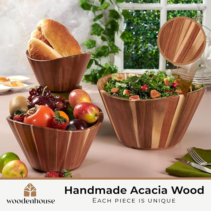 Wooden Salad Bowl Set of 3, Wavy Wood Bowls - Image 2