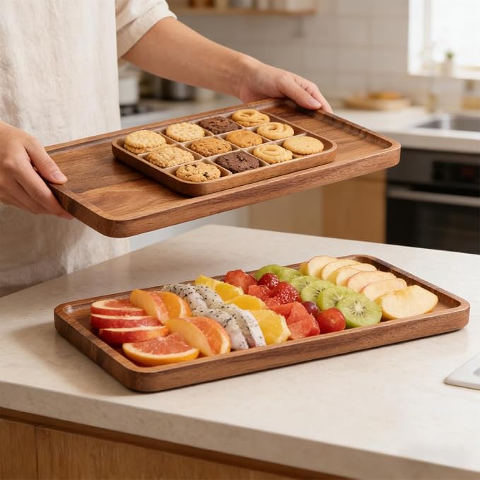 VERTORGAN 2 Pack Acacia Wood Serving Tray, 13.8x7.9 Inch Trays, Home Decor | - Image 2