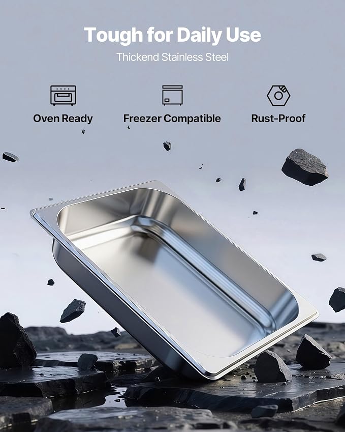 VEVOR 4 Pack Stainless Steam Hotel Pan, 1/2 Size Table Steam Pan, 2.5 Inch Deep - Image 2
