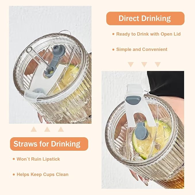 20oz Ribbed Glass Cups with Lids and Straws, Glass Tumblers with Lids and Straws - Image 4