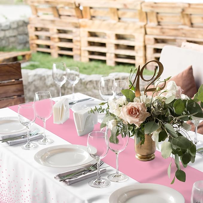 8Pack Disposable Plastic Tablecloths and Satin Table Runner Set White Pink Dot - Image 4