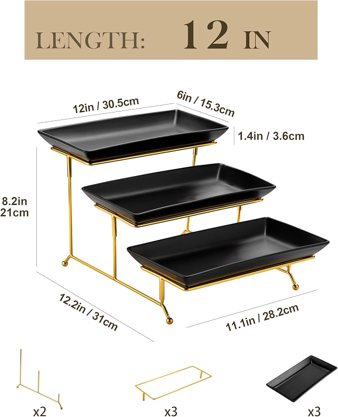 MALACASA 3 Tier Serving Trays for Party, 12 Inch Porcelain Black Trays for - Image 2