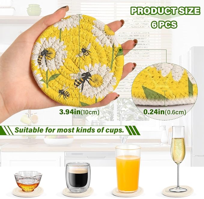 Daisies Bees Yellow Pattern Coasters - Image 3