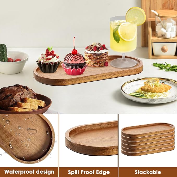 Solid Acacia Wood Serving Trays 12 Pcs Rectangular Platter | 10 In Oval Plates - Image 4