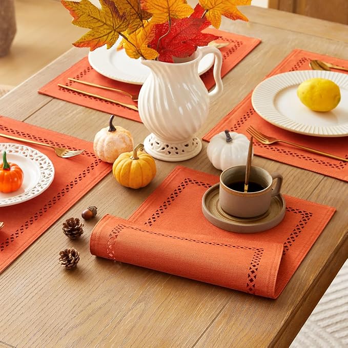 Orange Burlap Place Mats, Fall Placemats Set of 6, 12 x 18 Inch | Double Layer - Image 4