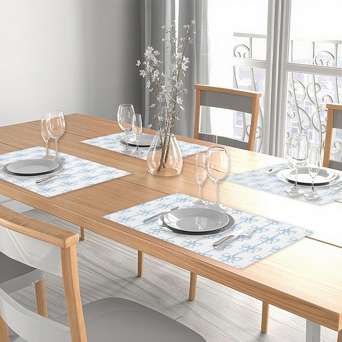 Blue Bow Placemats Set of 4, Washable Heat Resistant Placemats Kitchen Table - Image 5