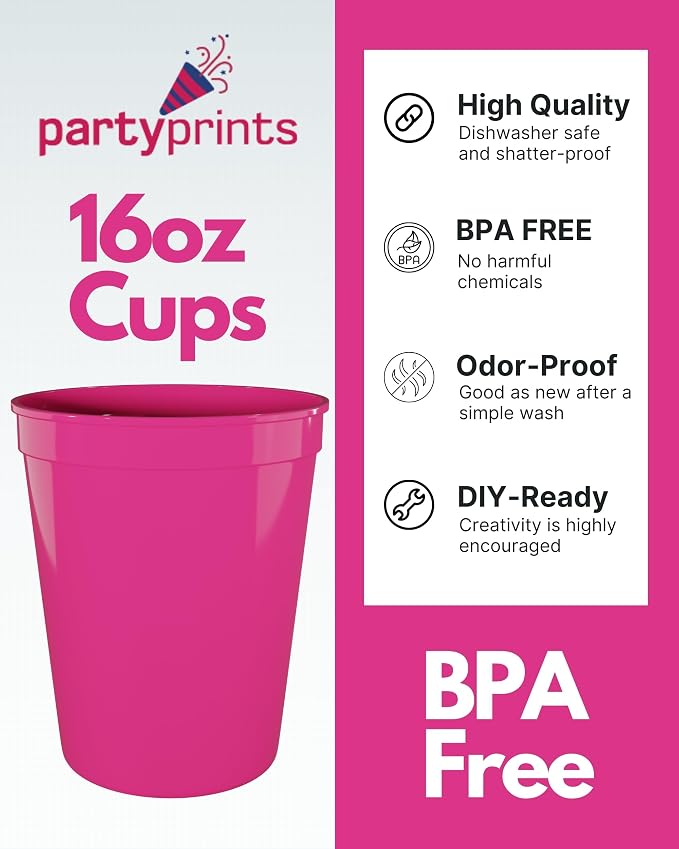 PartyPrints 10 Pack 16 oz Neon Pink Reusable Blank Plastic Cups, Stadium Cups - Image 2