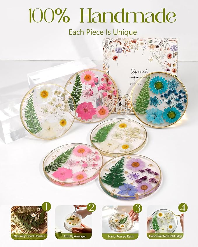 Oqplog Resin Drink Coasters for Desk Coffee Table-Blue Cute Dried Flowers Cup - Image 7