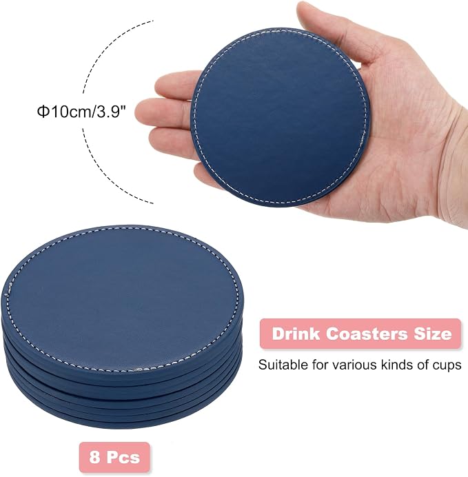 uxcell Round Drink Coasters Set of 8 White Stitched Dual Sided Non-Slip - Image 2