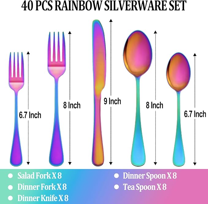 40 Pcs Rainbow Silverware Set Service - Image 2