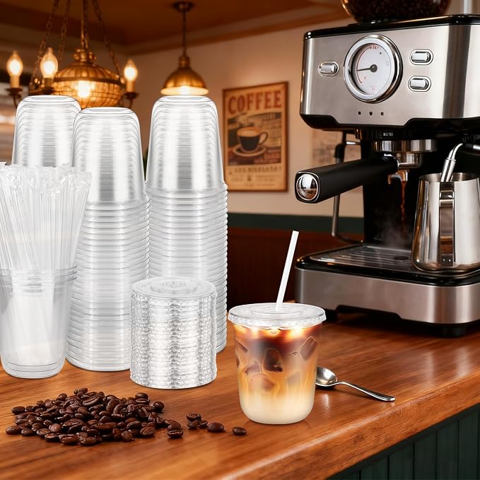 25 Pack 12 oz Clear Cups with Lids and Straws, Plastic Coffee Drink Cups | - Image 2