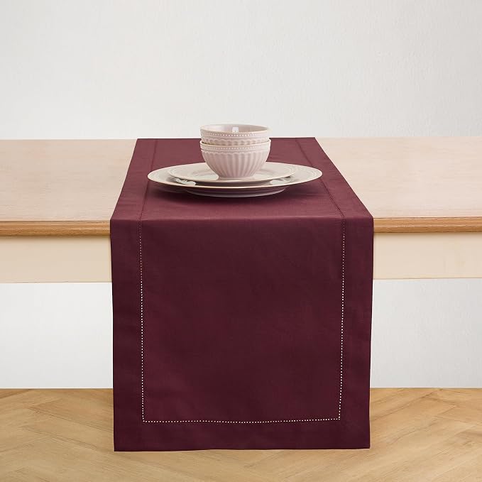 Solino Home Cotton Linen Dining Table Runner Wine Hemstitch, 14 x 108 in | by SolinoHome