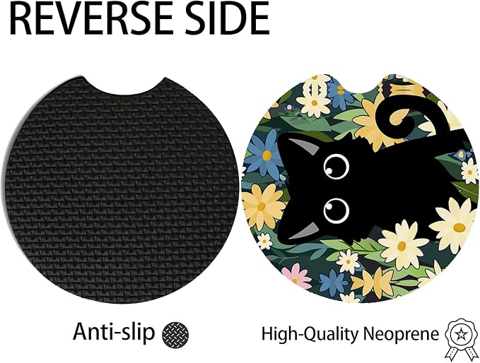 2pcs Cute Black Cat Car Coasters, Absorbent Universal neoprener Cup Holder - Image 4