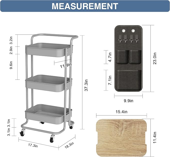 DTK 3-Tier Rolling Cart with Table Top, Metal Utility Cart with Side Bags | - Image 7