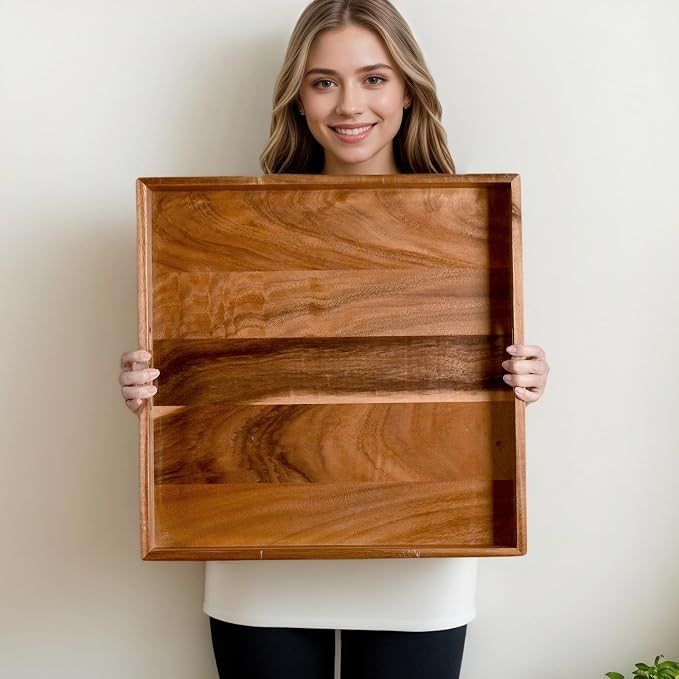 20 Inch Extra Large Square Serving Tray HeavyDuty Acacia Wood Tray by SwallowLiving