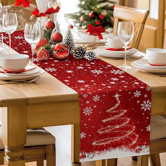 Red Christmas Table Runner 108 Inches Long, Xmas Tree Balls Snowflake Table - Image 9