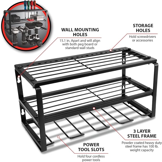 Performance Tool W7701 16 in. 3 Tier Power Tool Organizer Wall Mount | Garage - Image 3