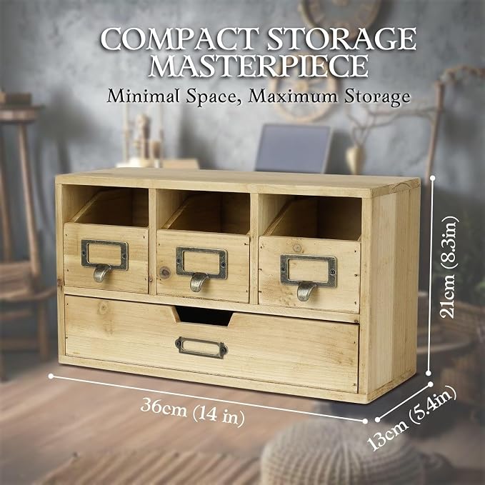 Flexzion Wooden Apothecary Drawers, 4-Drawer Desktop Organizer Cabinet | - Image 3