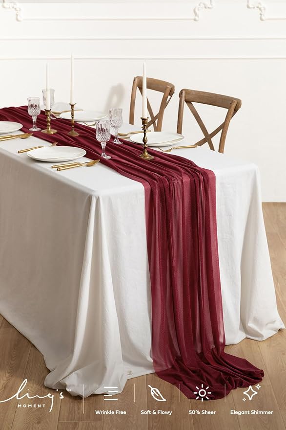 Ling's Moment 10Ft Burgundy Chiffon Like Table Runner - Image 2