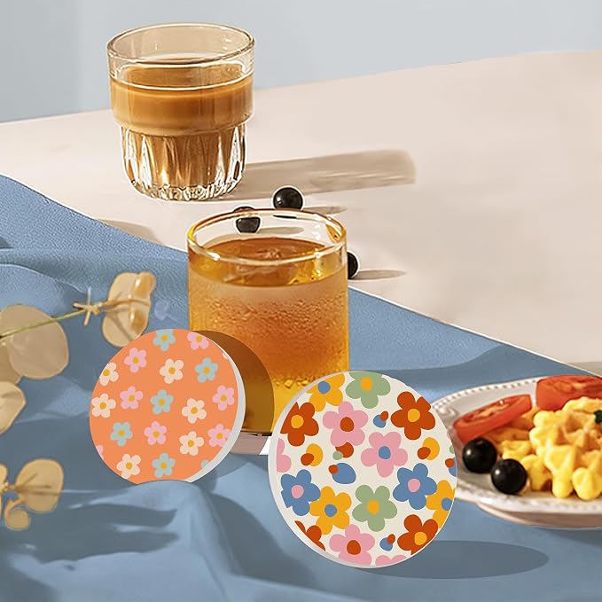 Drink Coasters Set of 6 with Holder, Vintage Groovy Flowers Absorbent Ceramic - Image 7