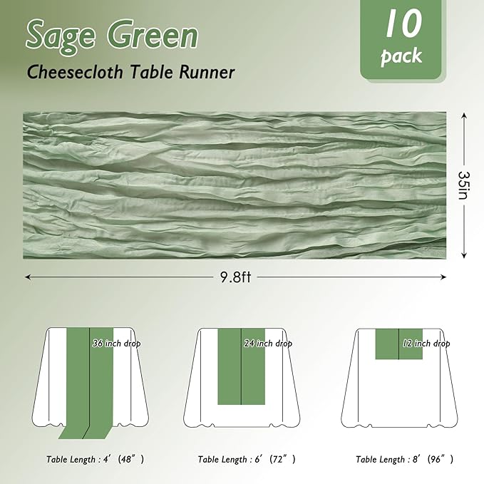 10 Pack Sage Green Cheesecloth Table Runner 120 Inch Boho Wedding Decor | - Image 2