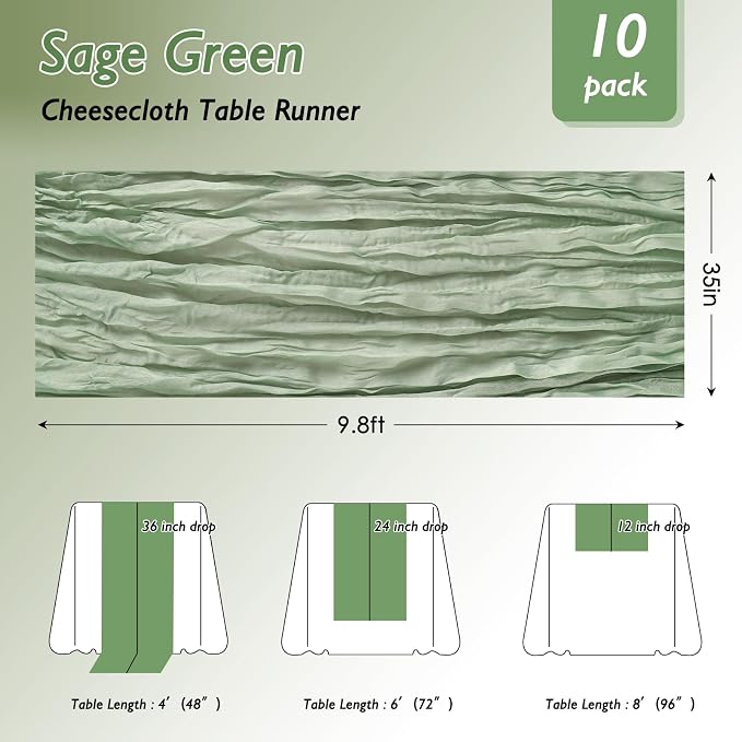 20 Pack Sage Green Cheesecloth Table Runner 120 Inch Boho Wedding Decor | - Image 2