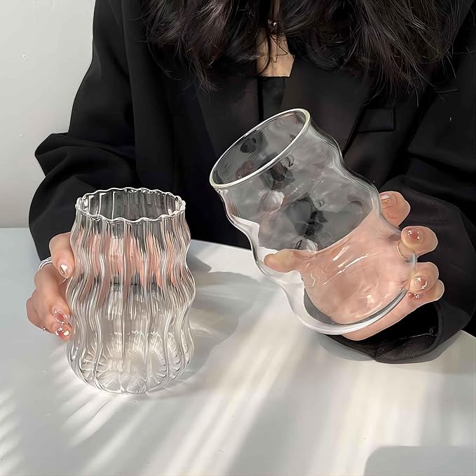 2 Pcs Ribbed Glass Cups 18 Oz Vintage Drinking Glassware Ripple Cocktail Glasses - Image 4