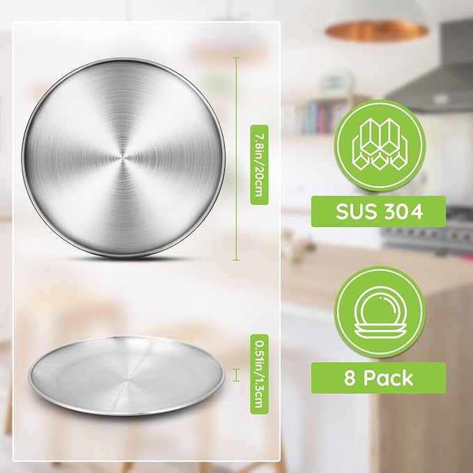 8 Stainless Steel Plates, 7.8 inch 304 Metal Camping Plate, Reusable Food - Image 2