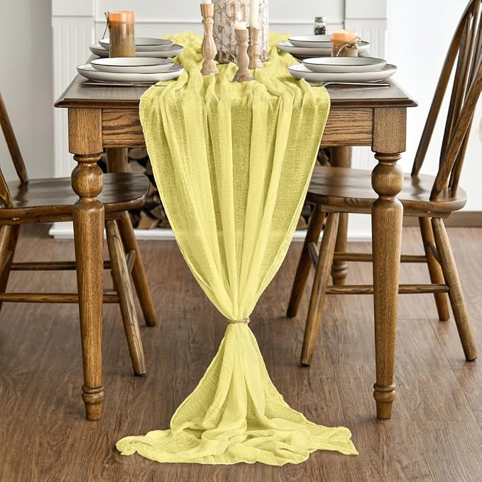 Artoid Mode Boho Light Yellow Gauze Wedding 6Pcs Table Runner, 120 Inch - Image 4
