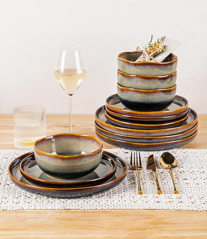 Ceramic Dinnerware Set for 4, 12-Piece Plates and Bowls Set | Handmade Reactive - Image 6
