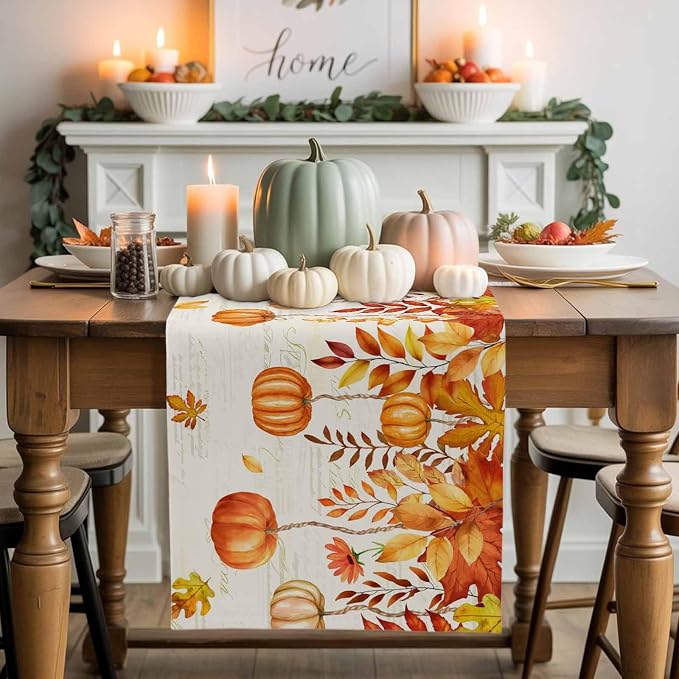 Orange Pumpkin Fall Table Runner 72 Inches Long, Thanksgiving Maple Eucalyptus - Image 2