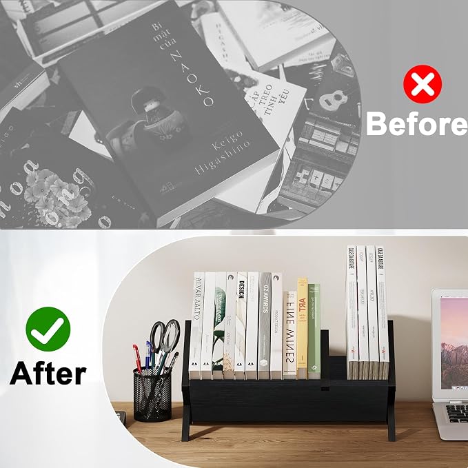 YINMIT Wood Desktop Bookshelf Organizer, Slanted Tabletop Bookshelf | Small - Image 7