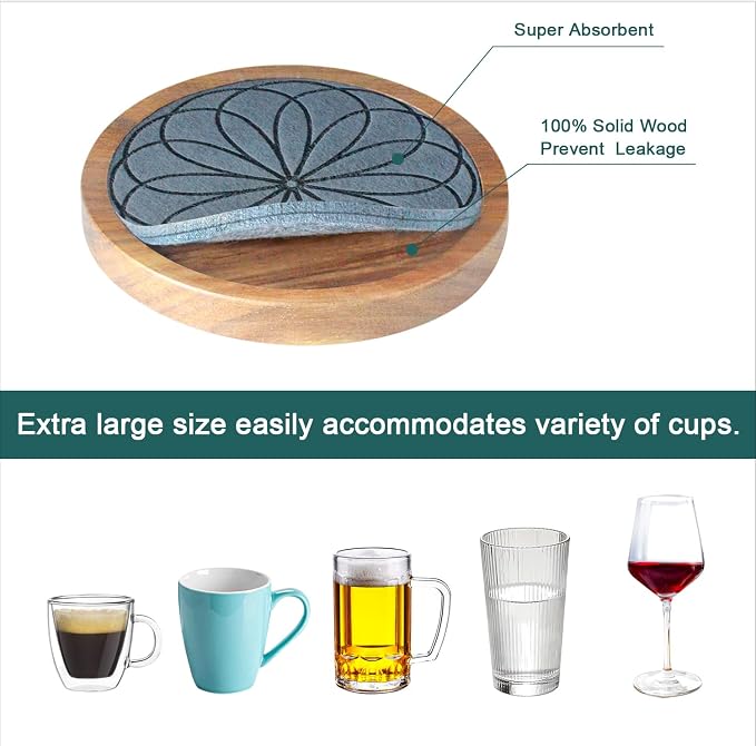 5 Pack Wood Coasters for Drinks, Minacun Absorbent Coaster Set, Drinks Coasters - Image 5