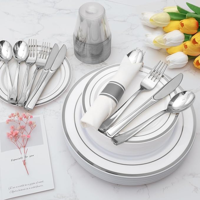 350 Piece Silver Plastic Dinnerware Set - Image 5
