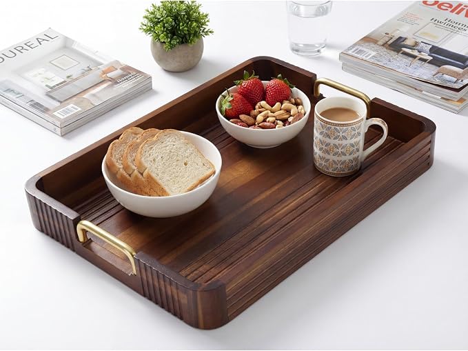 Acacia Wood Serving Tray with Metal Handles, Decorative Coffee Table Tray & - Image 7