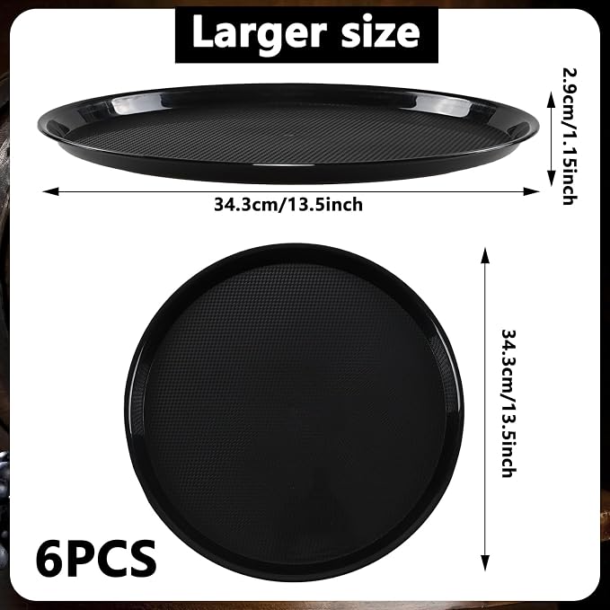 6-Pack Plastic Serving Trays, 13.5 in Round Non-Slip Trays | Black Restaurant - Image 2