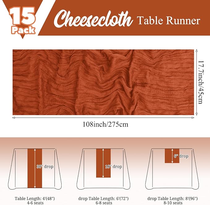 15 Pack Terracotta Fall Table Runner 17 x 108inch Cheesecloth Table Runner Boho - Image 2