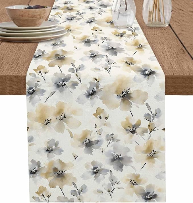 Watercolor Flower Table Runners 90 Inches Long, Cotton Linen Fabric Table by Edwiinsa