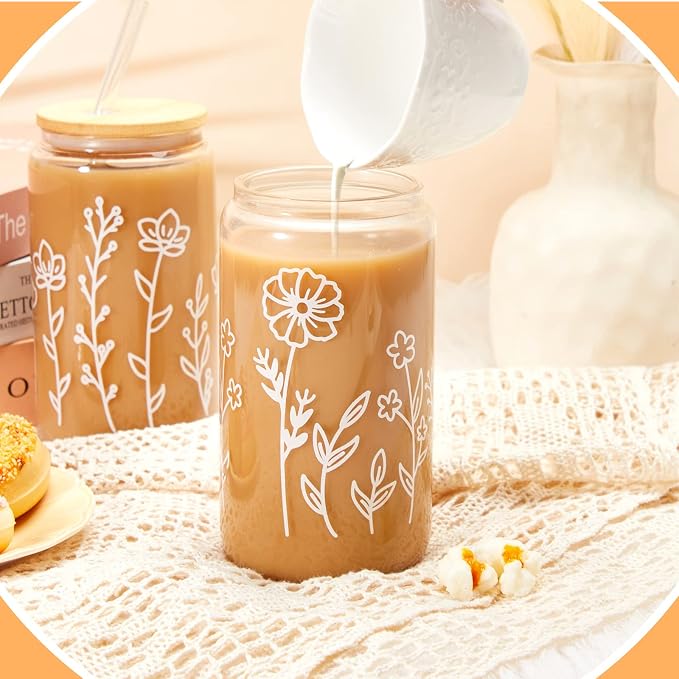 Mumufy 24 Pack Glass Cups Gift Aesthetic Cute Glass Cup Tumbler Flower Iced - Image 5