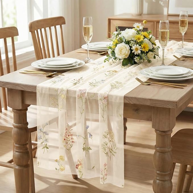 Artoid Mode 6PC Wildflower Floral Beige Apricot Gauze Embroidery Table Runner - Image 2