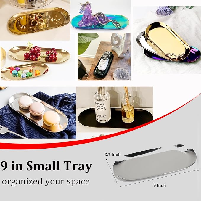 Stainless Steel Decorative Tray, 9 Inch Long, Jewelry Dish Cosmetics Organizer - Image 2
