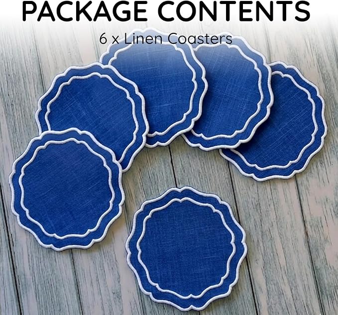 Linen Drink Coasters, 4.5 inch, Royal Blue | Absorbent Linen Drink Mats - Image 2